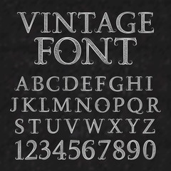 Poster - Vintage patterned letters and numbers. Font in floral baroque style. Vintage latin alphabet with numbers. Vintage white capital letters and numbers on a black textured background.