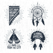 Hand Drawn Tribal Labels Set With Pan Flute, Dream Catcher, Teepee, And Headdress Vector Illustrations And Inspirational Lettering.