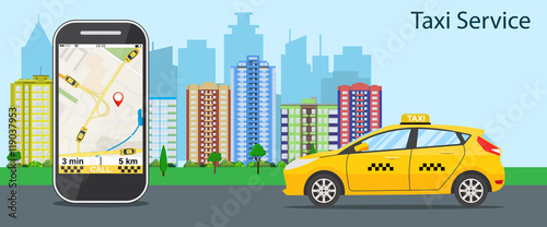 Fotomural taxi cab, mobile phone with map
