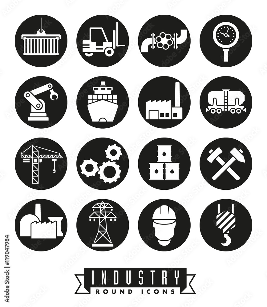 Industry round black icons vector set. Stock Vector | Adobe Stock