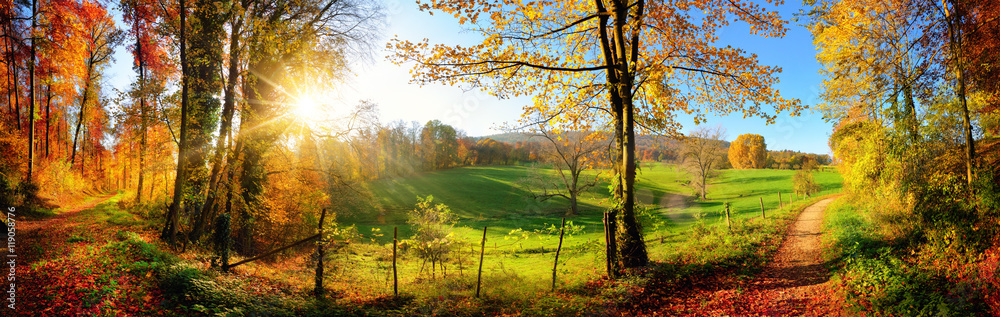 Obraz na płótnie Zauberhafte Landschaft im Herbst: sonniges Panorama von ländlicher Idylle w salonie