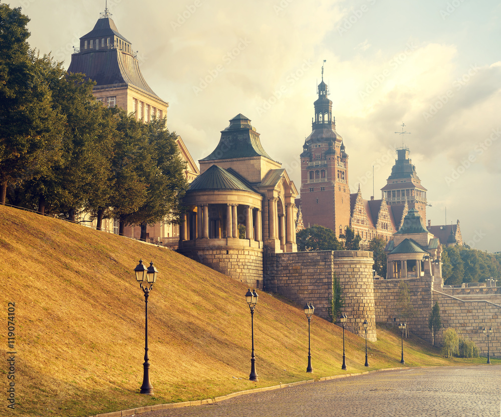 Obraz na płótnie panorama of the old city of Szczecin, Poland,retro colors, vintage
 w salonie