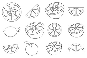 Collection of citrus slices - orange, lemon, lime and grapefruit, icons set, black isolated on white background, vector illustration.