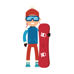 Poster - boy cartoon sky winter sport board equipment snowboard vector illustration