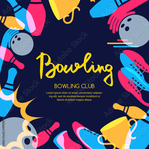 Vector Bowling Square Banner Poster Or Flyer Design Template Frame Vector Bowling Square Banner Poster Or Flyer Design Template Frame Background With Ball Pins Shoes And Hand Drawn Calligraphy Lettering