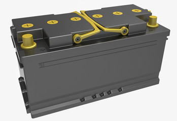 3D black truck battery with yellow terminals and handles on white