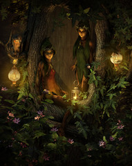 Wall Mural - Two Tree Pixies at Night, 3d CG