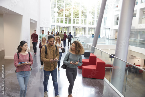 Cuadros en Lienzo Students walk and talk using mobile devices in university