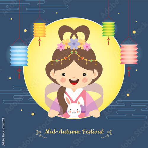 Mid Autumn Festival Illustration Of Cute Chang E Moon Goddess And Bunny With Full Moon And Lanterns On Starry Night Background Vector Cartoon Character Buy This Stock Vector And Explore Similar Vectors At