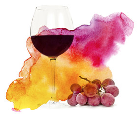 Wall Mural - Glass of red wine with grapes and watercolor texture