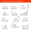 Construction machines thin icons. Vector line of building machinery.
