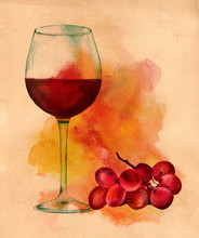 Watercolor Glass Of Red Wine With Grapes, With Artistic Textures