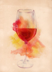 Watercolor drawing of glass of red wine on old paper