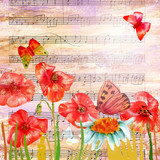 Vintage collage with butterflies, poppies, and sheet music