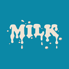 Wall Mural - Word milk icon isolated on blue background. Liquid symbol