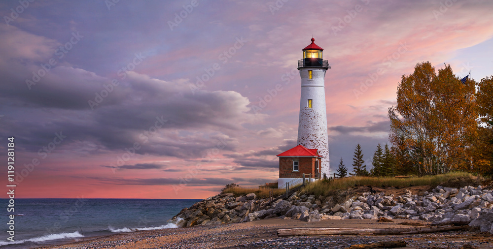 Sunset at the Crisp Point Lighthouse - obrazy, fototapety, plakaty 