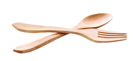 Wooden spoon and fork on white background