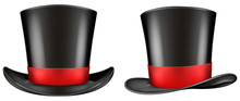 Black Top Hat With Red Ribbon. Frontal And Three Quarter Views. Vector Illustration.