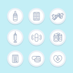 Poster - medicine, drugs, pills line icons, pharmaceutics, supplements, pharmaceuticals, treatment, medication, vaccination