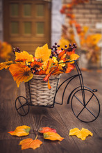 Small Decorative Bicycle With Basket Filled With Yellow Autumn Leaves And Grapes Berries On The Wooden Floor.