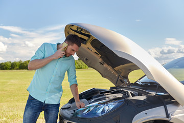 Poster - man with broken car calling on smartphone