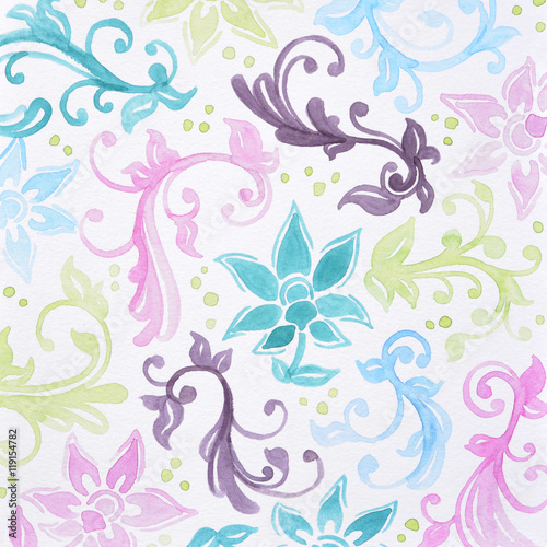 Floral Pattern Watercolor Painting In Teal Blue Yellow And Purple