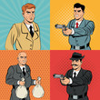 Detective police thief man money bag gun revolver pop art comic cartoon icon. Colorful design. Vector illustration