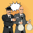 Detective police thief man bubble money bag gun revolver pop art comic cartoon icon. Colorful design. Vector illustration