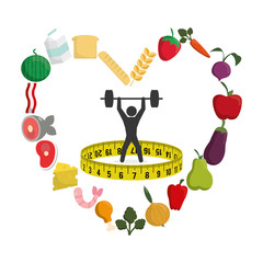 pictogram meter weight lifting heart food menu fruits vegetables protein healthy lifestyle fitness gym bodybuilding icon set. Colorful and flat design. Vector illustration