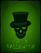 Green Halloween Background With Skull In The Hat
