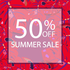 summer sale 50 percentage illustration over tropical leaves text