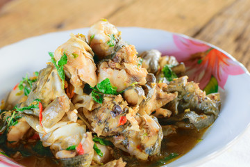 Poster - Stir-fried frog and basil on wooden