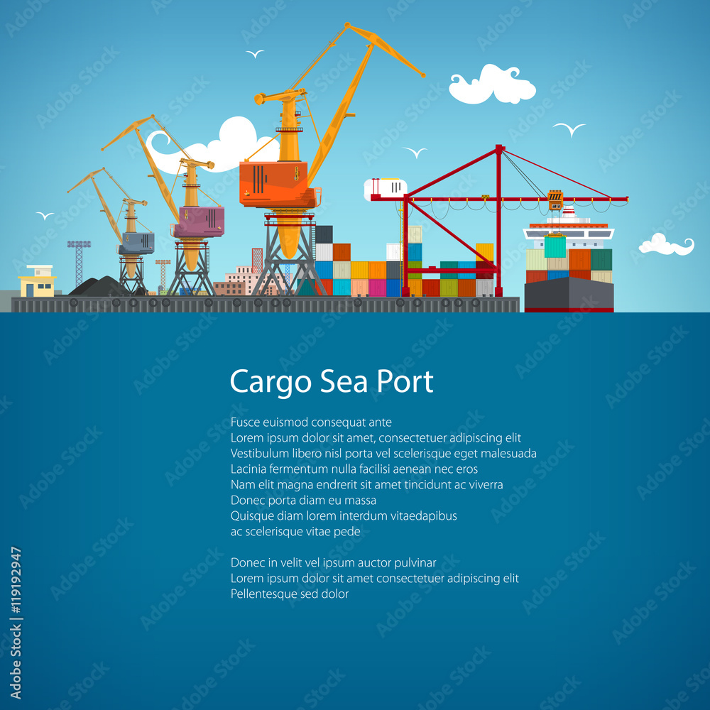 Sea Port, Unloading of Cargo Containers from the Container Carrier, Cranes in Port Load Containers on the Container Ship or Unload, Poster Brochure Flyer Design, Vector Illustration - obrazy, fototapety, plakaty 