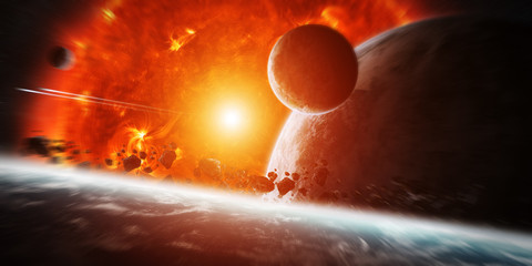 Wall Mural - exploding sun in space close to planet