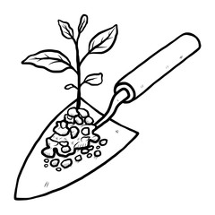 Wall Mural - plant sprout and trowel  / cartoon vector and illustration, black and white, hand drawn, sketch style, isolated on white background.