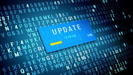 Progress bar of Update loading process on computer display with animated numbers on background. 4K video.