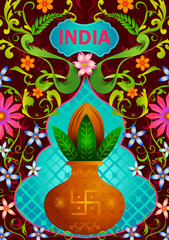 Poster - Floral background with holy kalash showing Incredible India