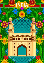 Sticker - Floral background with Charminar showing Incredible India