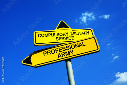 Compulsory Military Service or Professional Army - Traffic sign with two options - obligatory conscription and draft vs being soldier as job and career Poster