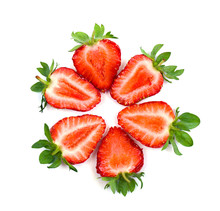 Halves Ripe Garden Strawberry (strawberry, Fragaria X Ananassa) On A White Background. Flat Lay