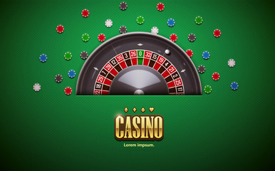 Wall Mural - vector illustration of  roulette wheel with casino chips isolated on green  table realistic objects 3d with place for text eps 10 