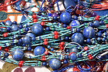 Detail Of A Traditional Turkish Beaded Blue, Turquoise Necklaces. Handcrafted Turkish Jewelry