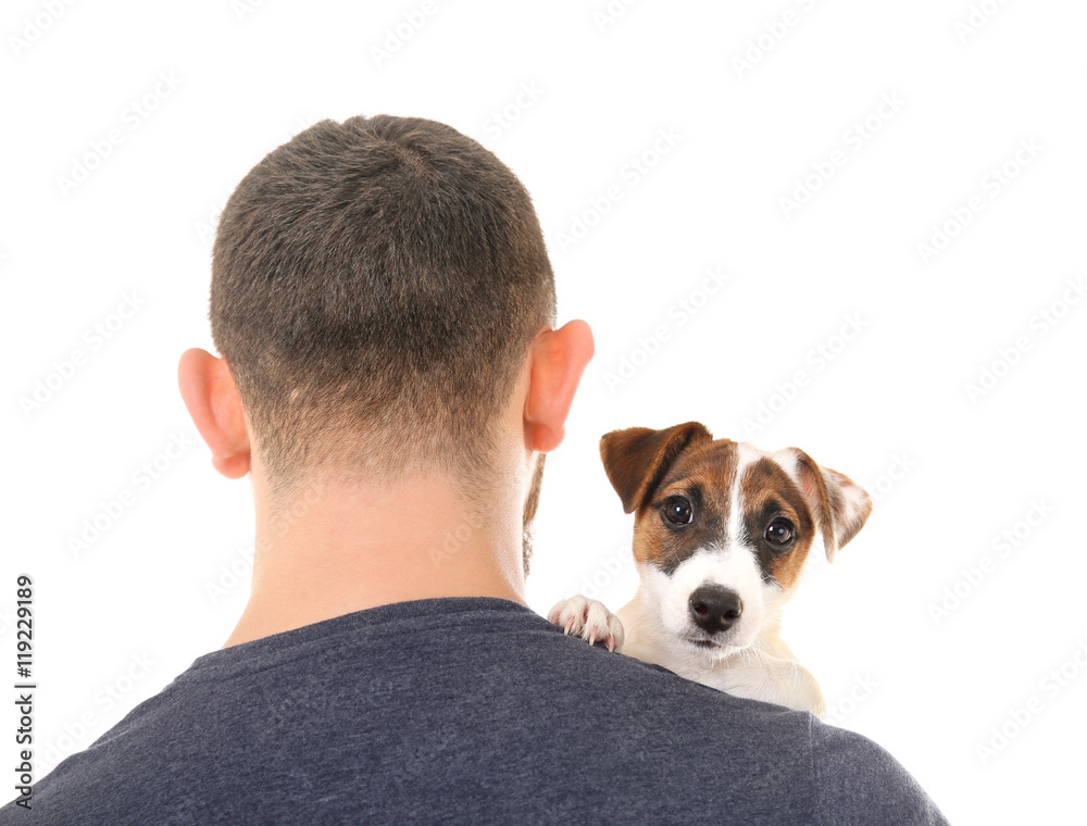 Man with cute dog, isolated on white