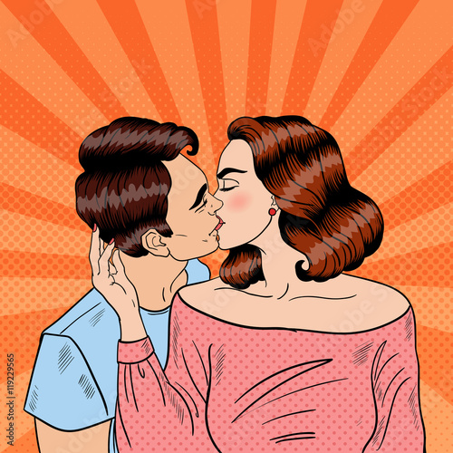 Happy Young Couple Kissing Pop Art Vector Illustration Stock Vector 
