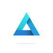 Triangle logo with strict strong corners vector isolated on white background, blue prism pyramid geometric 3d gradient glossy abstract triangle logotype element with shadow creative figure design
