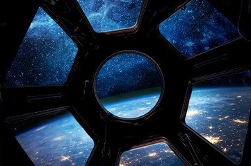 Wall Mural - earth and star in spaceship window porthole. elements of this image furnished by nasa