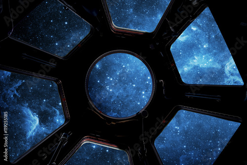 Tela Earth and star in spaceship window porthole