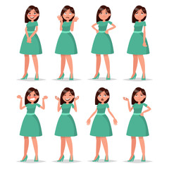 Set girl dressed in a dress with a variety of emotions and poses