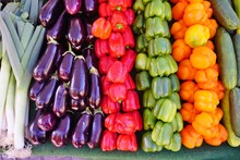 Purple Eggplants And Colorful Summer Vegetables