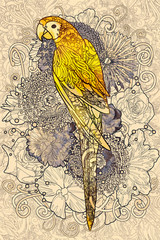 parrot line art with yellow colored on floral design element,illustration